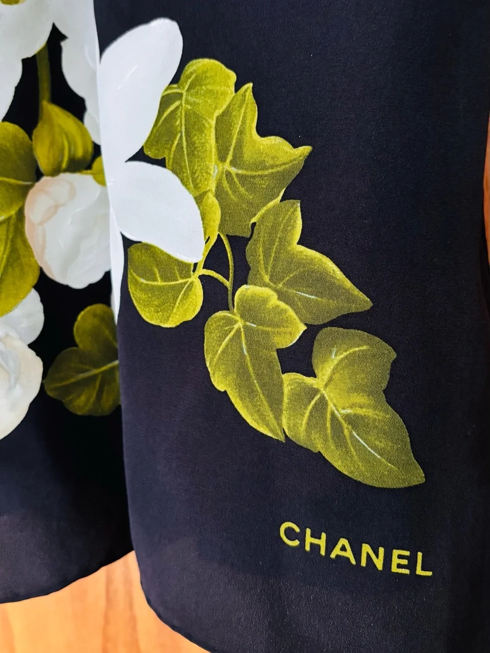 CHANEL Black 100% Silk Scarf with White Floral Motif 38” x 38”